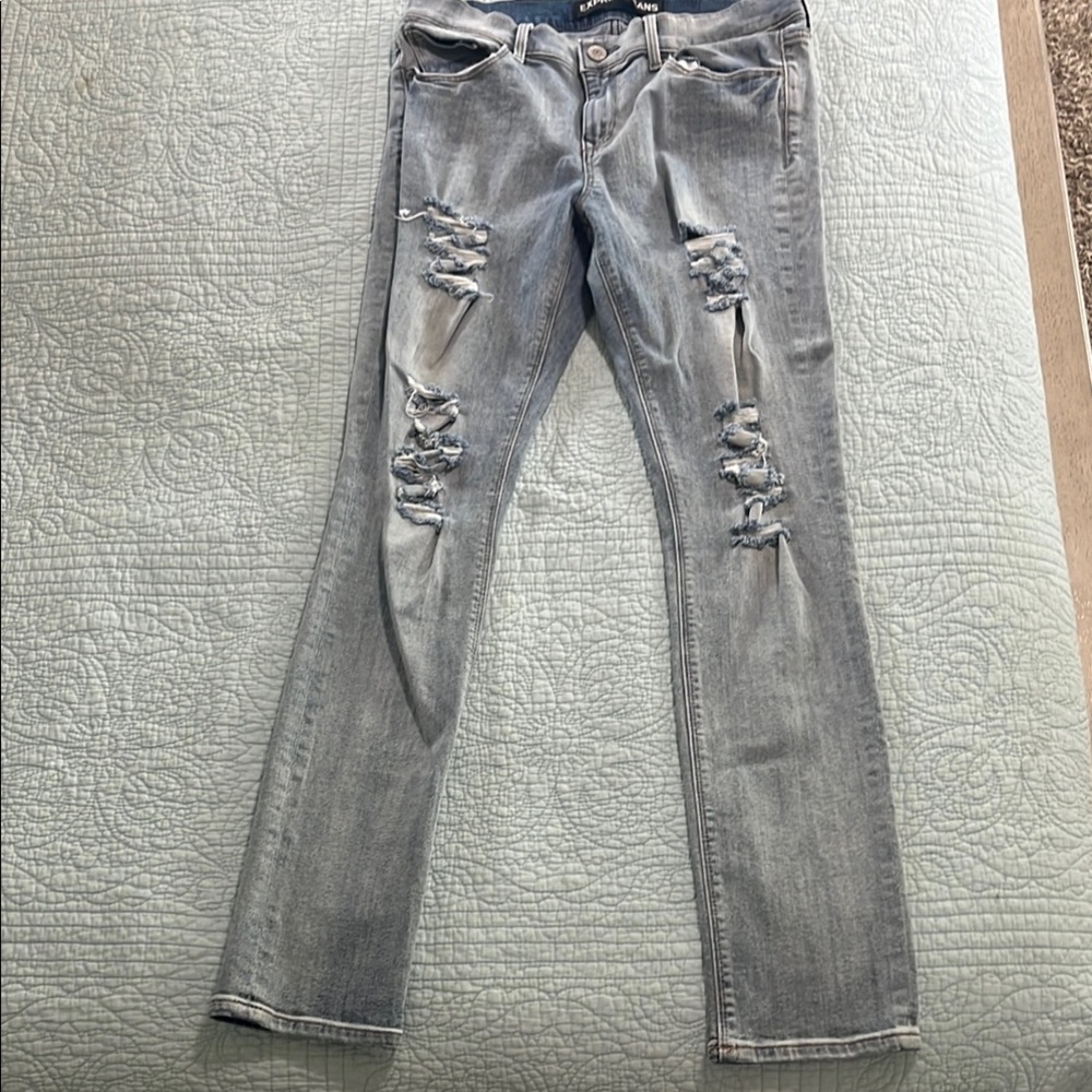 Express Light Gray Distressed Straight Leg Jeans